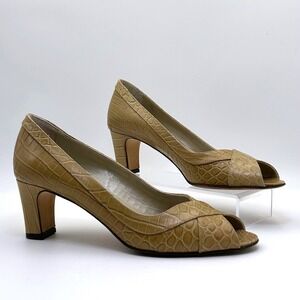 Talbots Peep Toe Pumps Womens 9N Tan Croc Embossed Leather Block Heel Made Italy